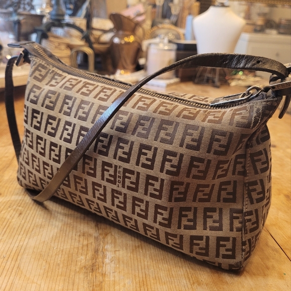 Fendi Zucchino Leather-Trimmed Canvas Pochette Baguette - Picture 1 of 4